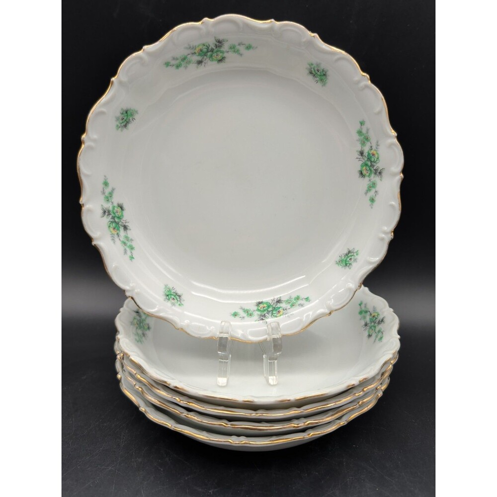 5 Vtg Seltmann Weiden Theresia Shallow Serving Bowls Green Floral Gold Bavaria